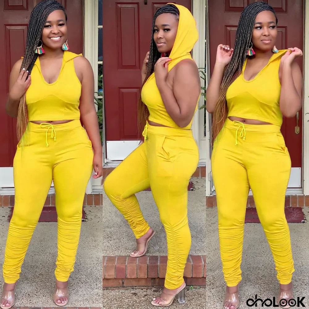 Solid Hooded Sleeveless Ruched 2 Piece Pants Set