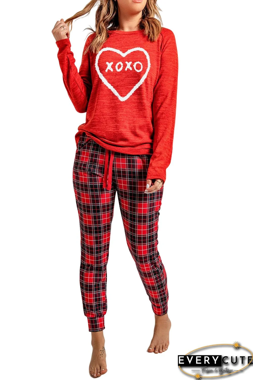 Red XOXO Heart Print Top and Plaid Pants Lounge Wear