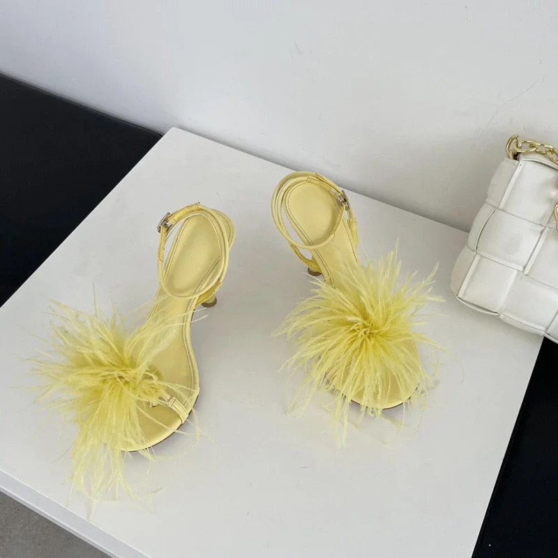 New Blue Feather Sandals Women flip-flops Leather High Heels Sandalias Ladies Summer Fur Shoes Pumps Party Wedding Shoes Woman