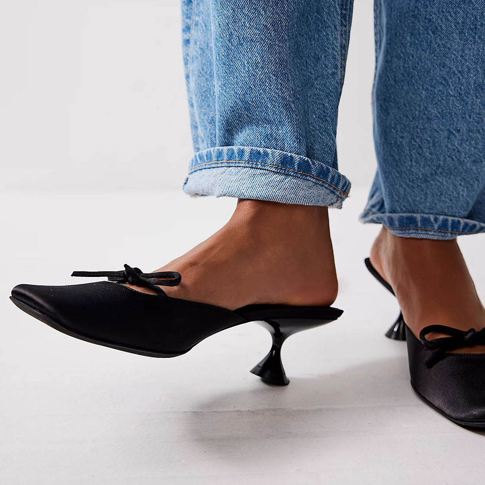 Black Satin Square Toe Kitten Heel Bow Inlay Mules for Women Nicepairs
