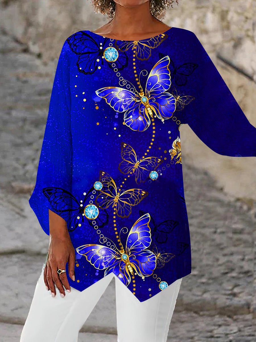 Women Asymmetrical 3/4 Sleeve Scoop Neck Printed Graphic Tops