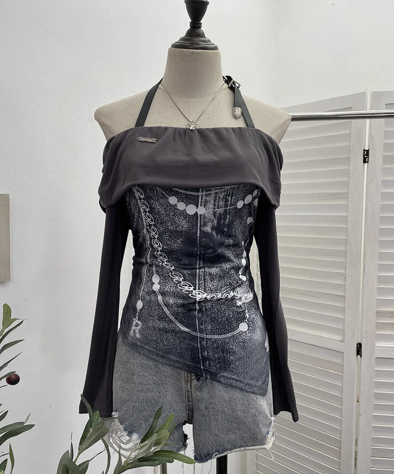 Uveng Vintage Print Shoulder Irregular Long-Sleeved T-Shirt Hanging Neck Slim Thin Short Bottom Top 2662