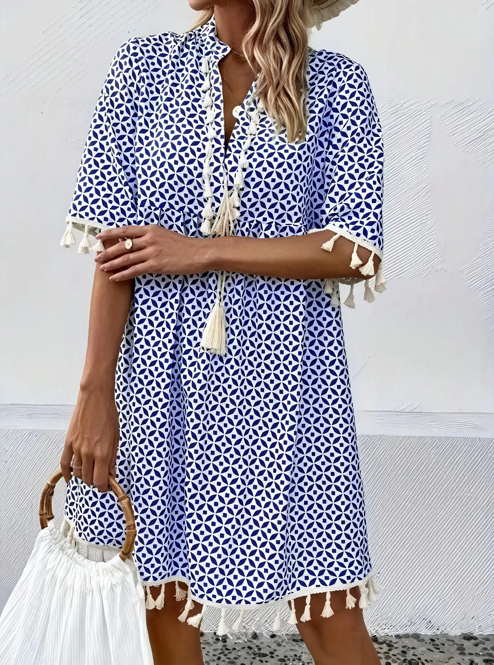 Damen Sommerkleid – Kurzarm Blau-Weiß, Geometermuster, Quasten, Leicht-82531-dc123c0b-a995-4fee-9251-2bef717b12a1