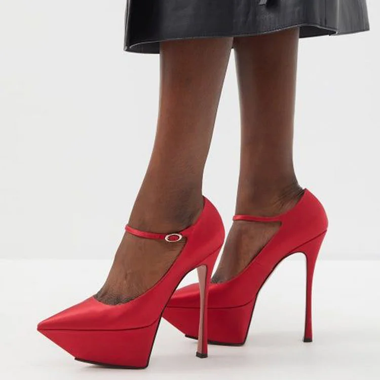 Classic Red Platform Buckle Pump Women's Stiletto High Heels Pointy Shoes |FSJ Shoes
