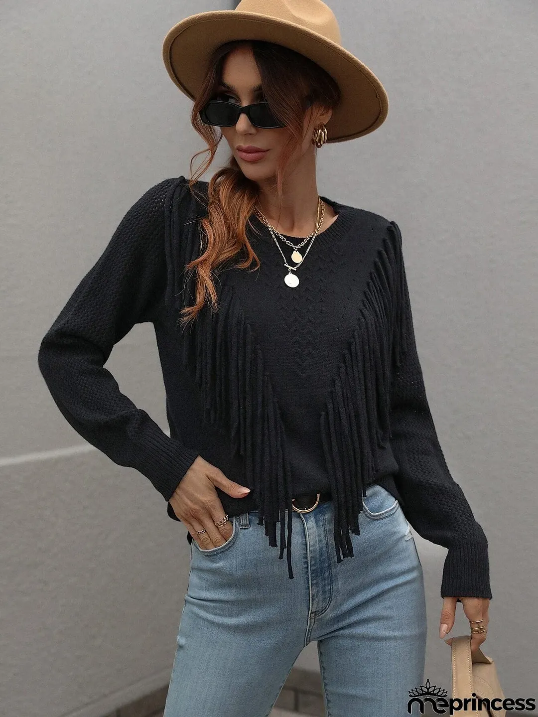 Fringe Detail Ribbed Trim Sweater