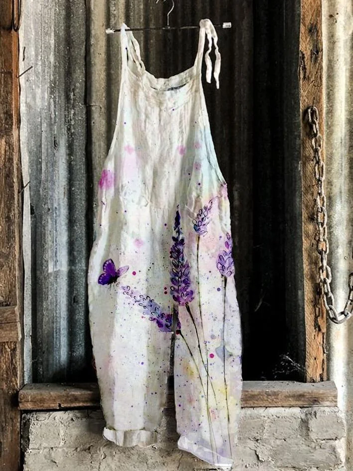 Retro casual Lavender butterfly print Jumpsuit