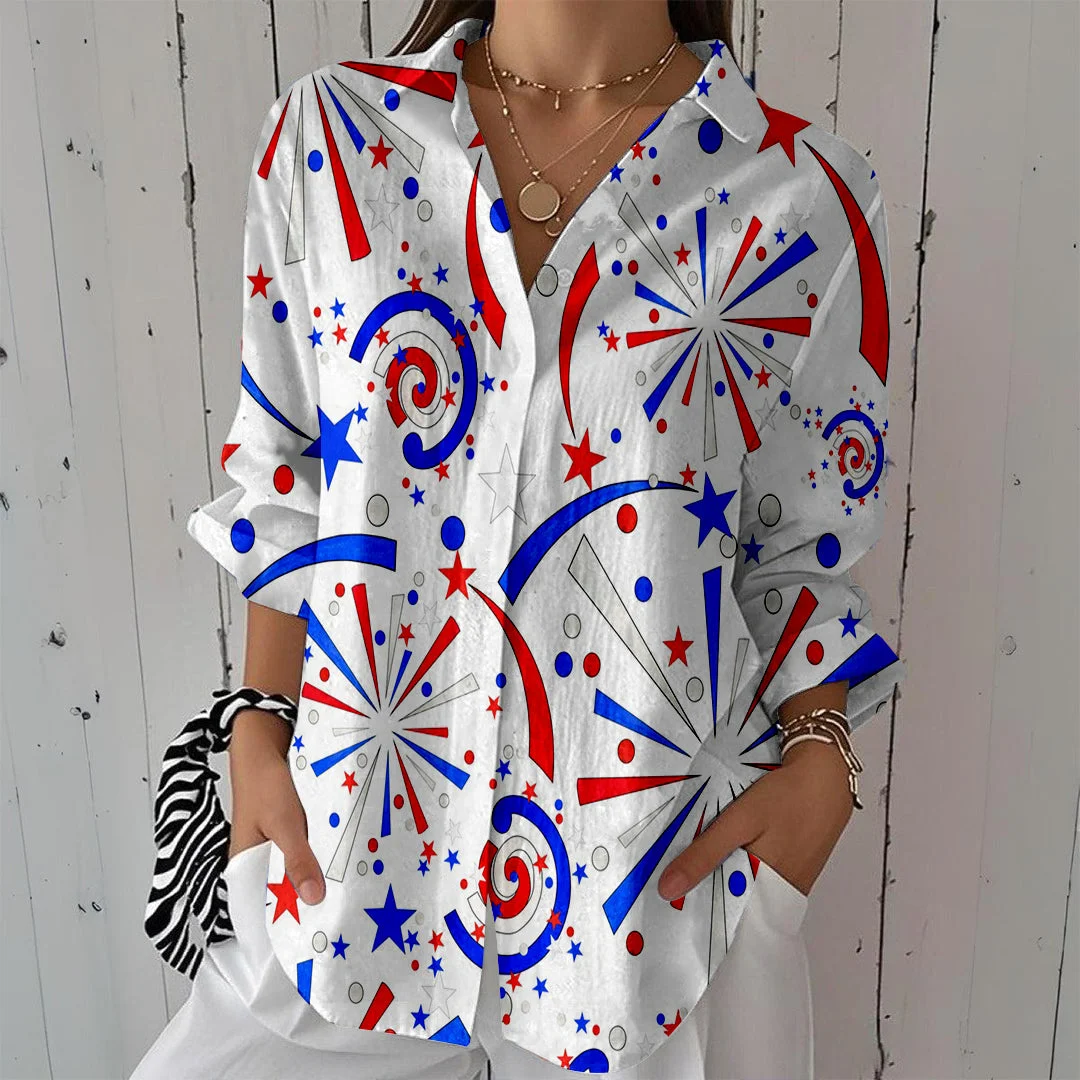 Style & Comfort for Mature Women Women  Independence Day, Star, Striped, Blue, Red DZCL0236 3/4 Sleeve Shirt Collar Printed Button Tops