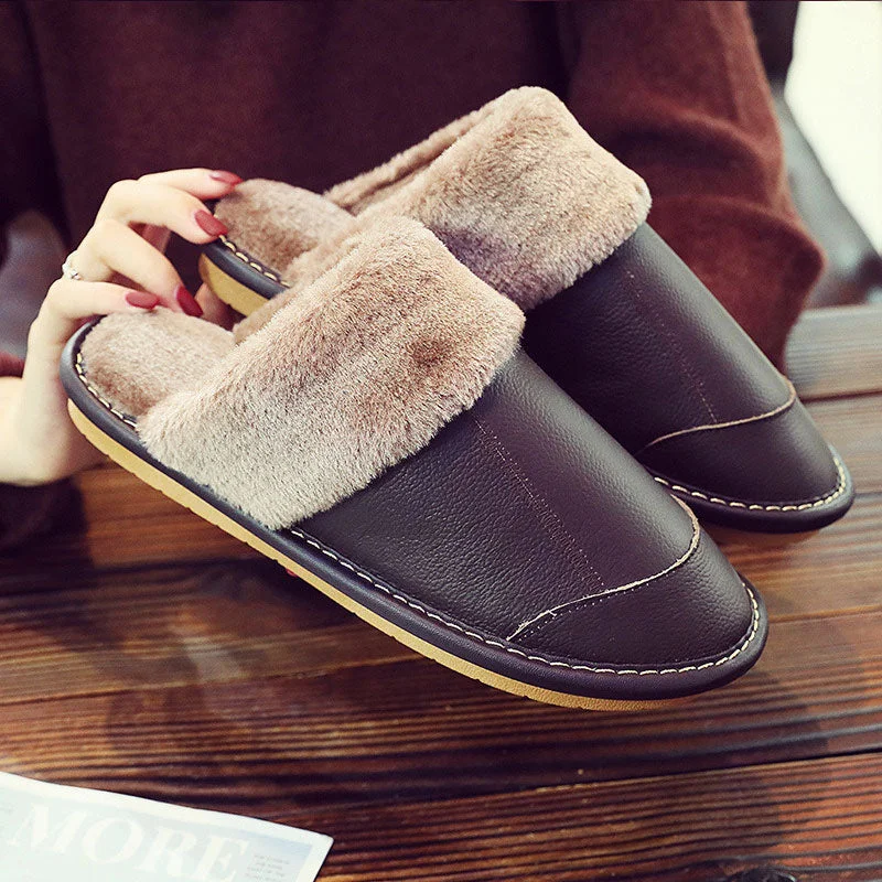 Female Slippers Genuine Leather Women's Slippers for Home Soft Velvet Plush Slippers Indoor Comfy Waterproof  Shoes Woman