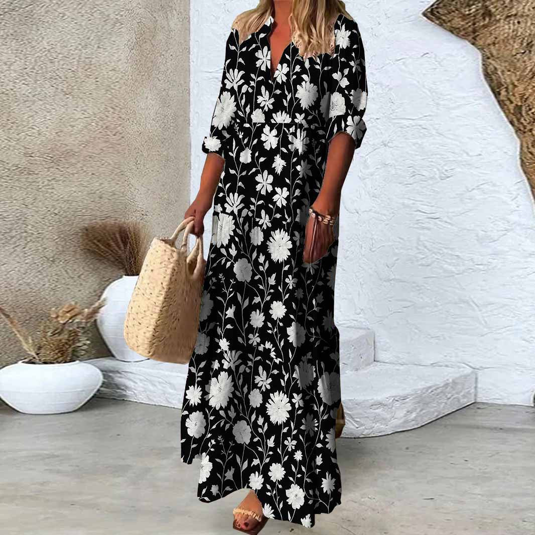 Women Floral, White, Black DZDN0936 SPU Printed Long Sleeve V-neck Maxi Dress
