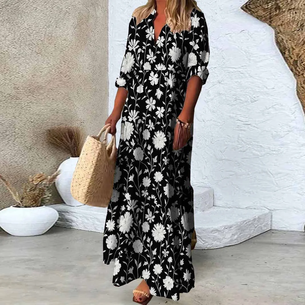 Women Floral, White, Black DZDN0936 SPU Printed Long Sleeve V-neck Maxi Dress