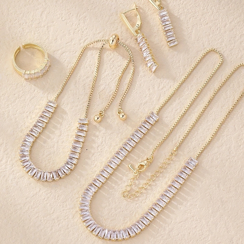 304 Stainless Steel Copper Rhodium Plated Minimalist Shiny Inlay Geometric Rectangle Zircon Rings Earrings Necklace