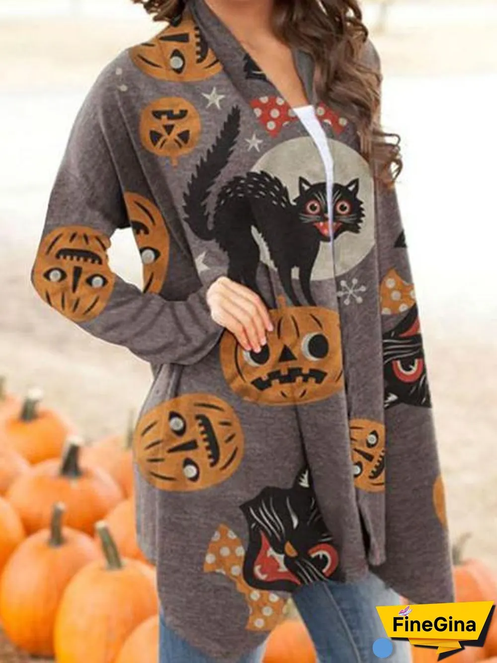 Halloween Animal Cat Pumpkin Print Cardigan