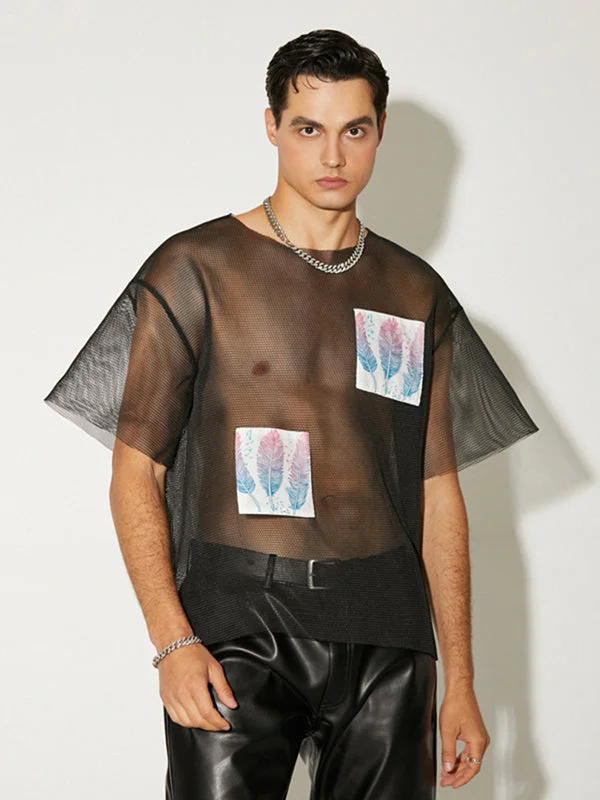 Aonga - Mens Sexy See Through Feather Patchwork T-ShirtJ