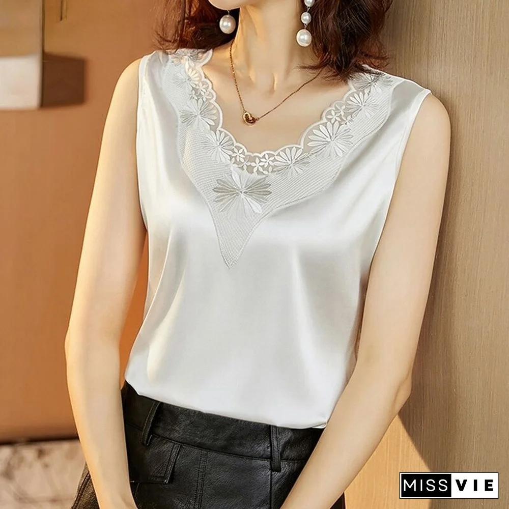Oversize Solid Sleeveless Embroidery Lace V-neck Women's Loose Satin Shirt