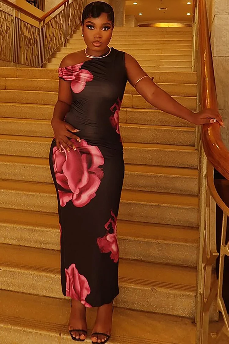 Skew Neck One Shoulder Floral Print Bodycon Maxi Dresses-Black