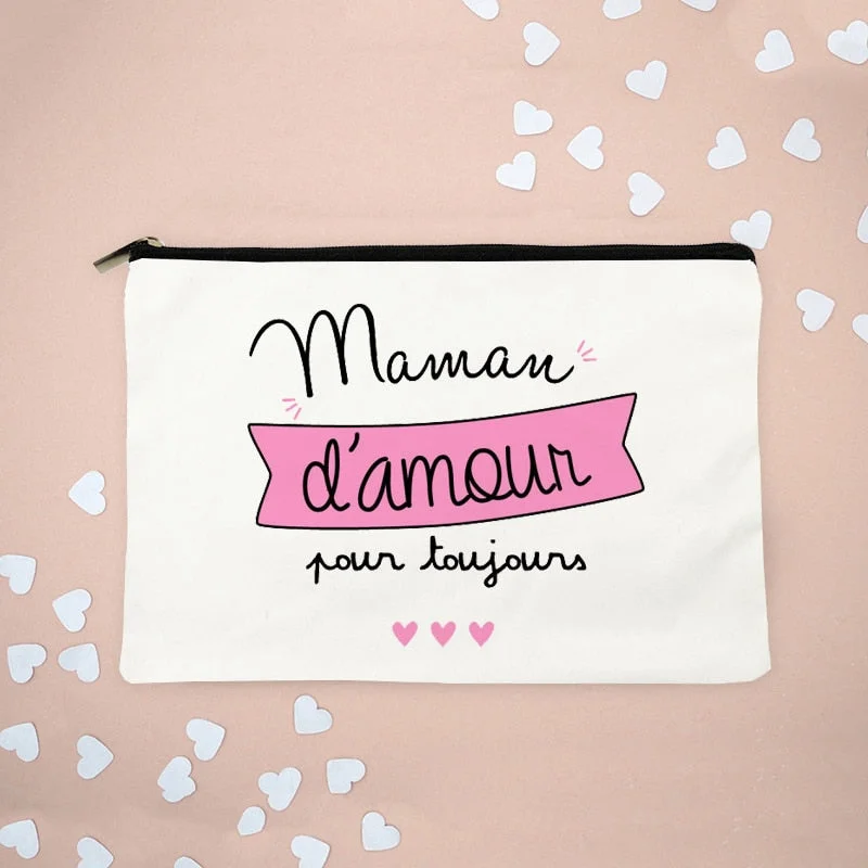 Maman D'amour LOVE MOM Printed Women Makeup Bag Forever Loving Mom Cotton Pouch Storage Organizer Christmas Gift for Mother