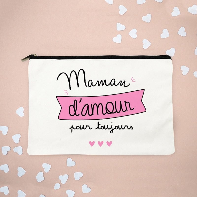 Maman D'amour LOVE MOM Printed Women Makeup Bag Forever Loving Mom Cotton Pouch Storage Organizer Christmas Gift for Mother