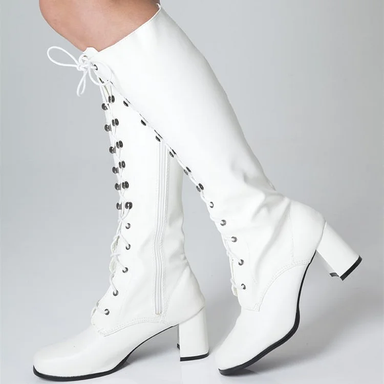 White Lace-up Chunky Heel Zipper Mid-Calf Boots for Women |FSJ Shoes