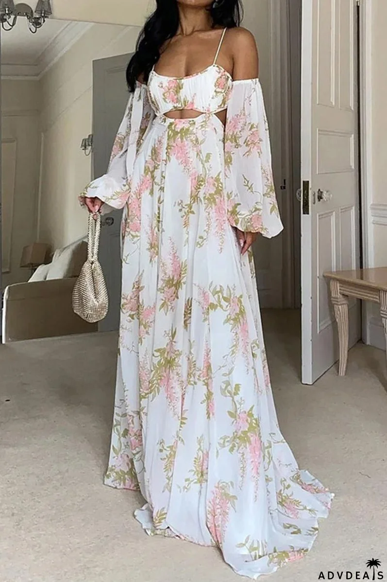 Elegant Floral Frenulum Backless V Neck Printed Dress Dresses