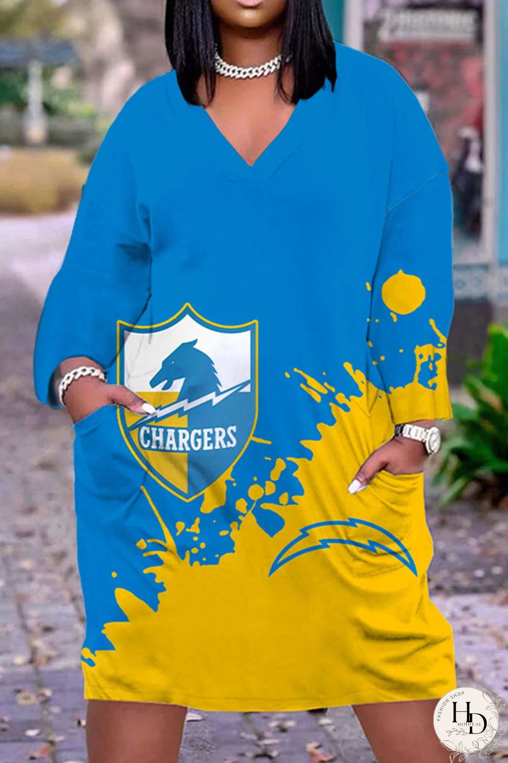 Blue Yellow Casual Print Patchwork V Neck Straight Dresses