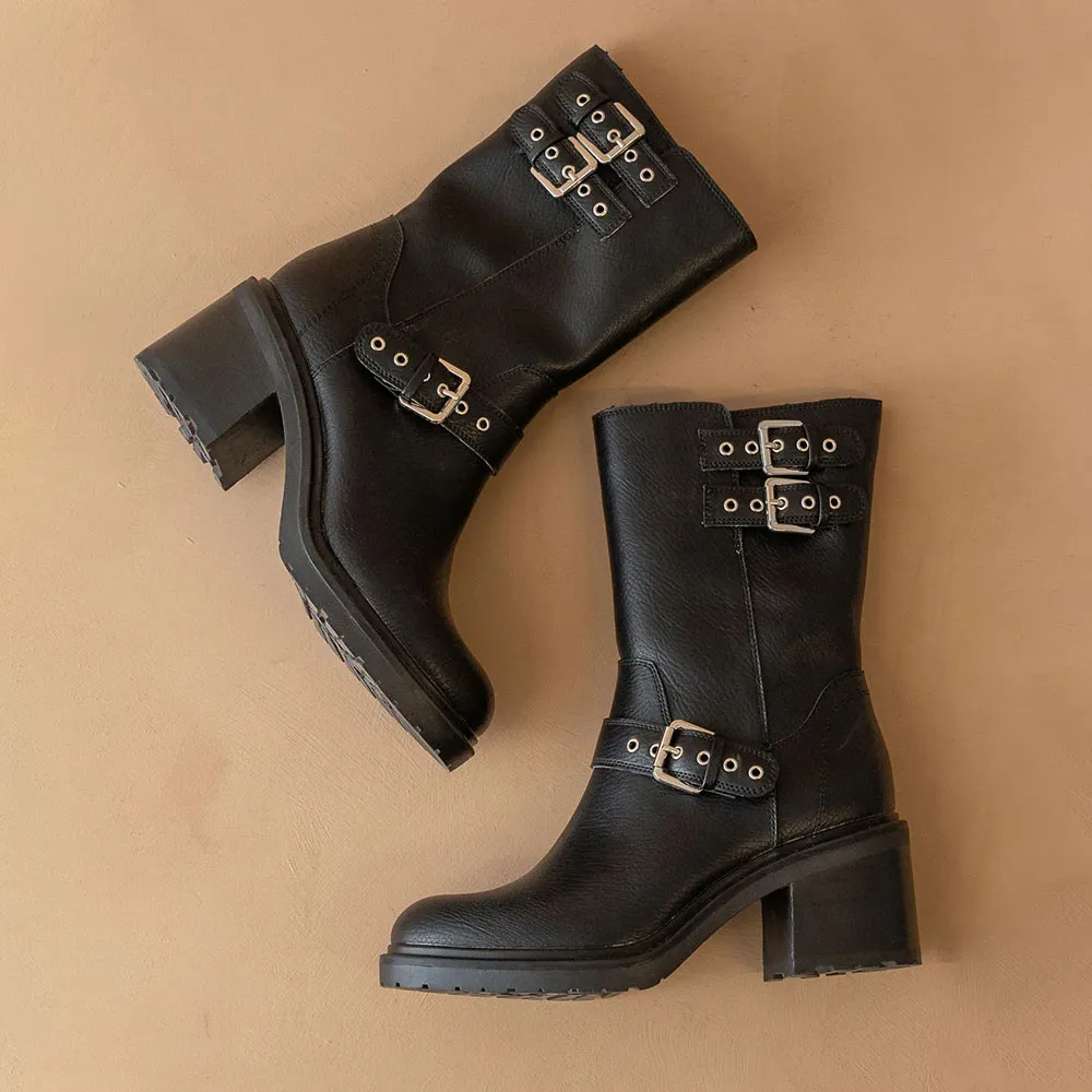 Black Round Toe Chunky Heel Buckle Women's Motorcycle Bootie