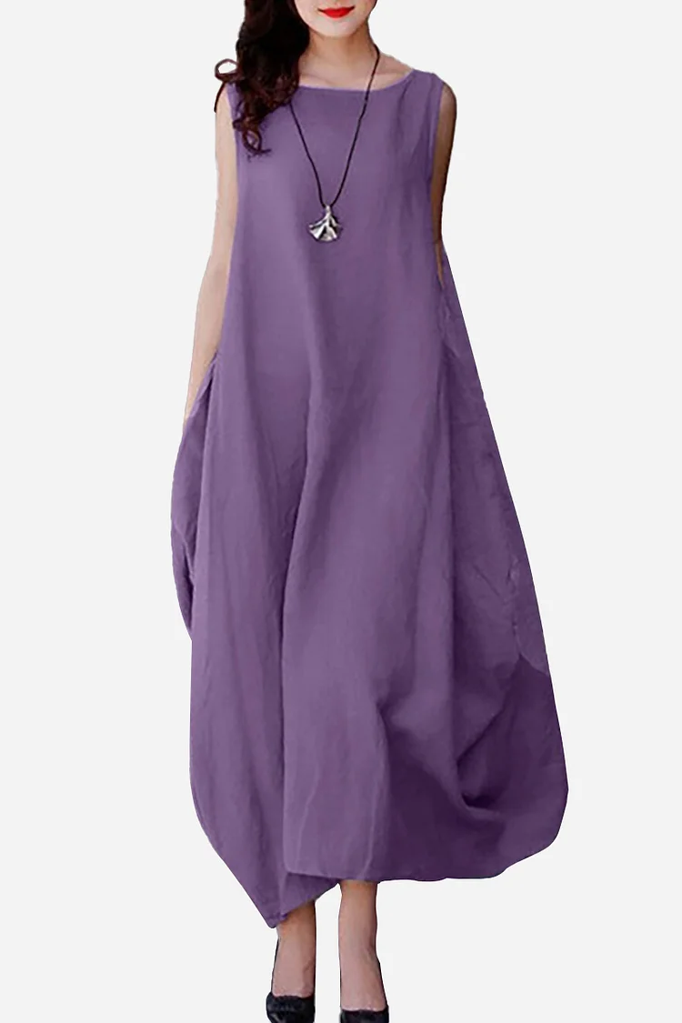 Linen Round Neck Pocket Sleeveless Midi Dress