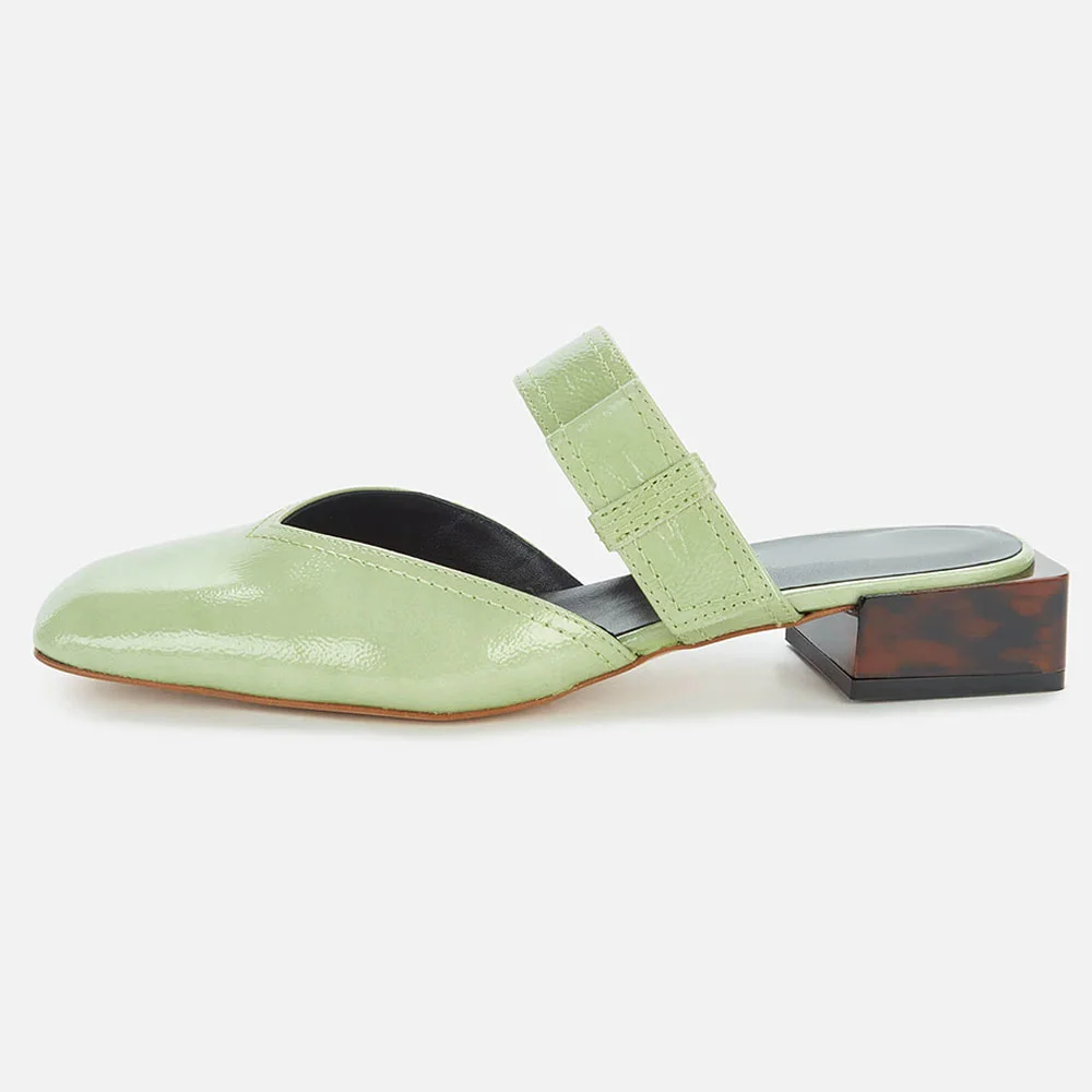 Light Green Square Toe Strap Decor Mules Shoes with Block Heels
