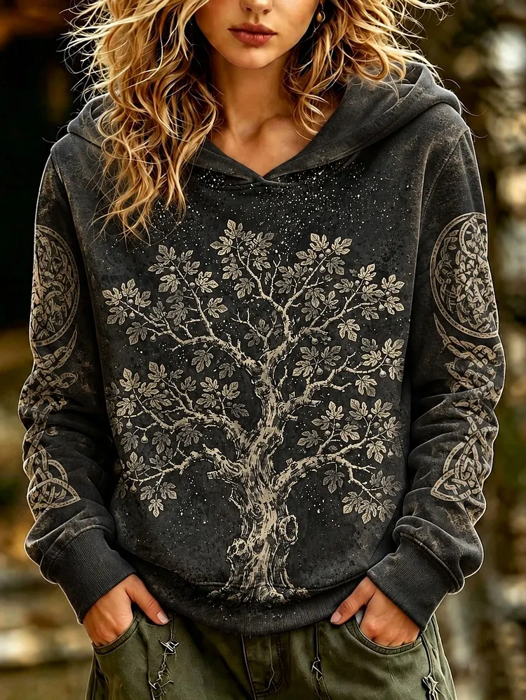 Women's Retro Bohemian Japanese Art Floral Print Hooded Sweatshirt