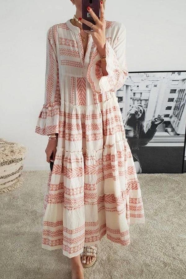 Womens Geometric Print V-neck Long Skirt Beach Dress-Allyzone-Allyzone