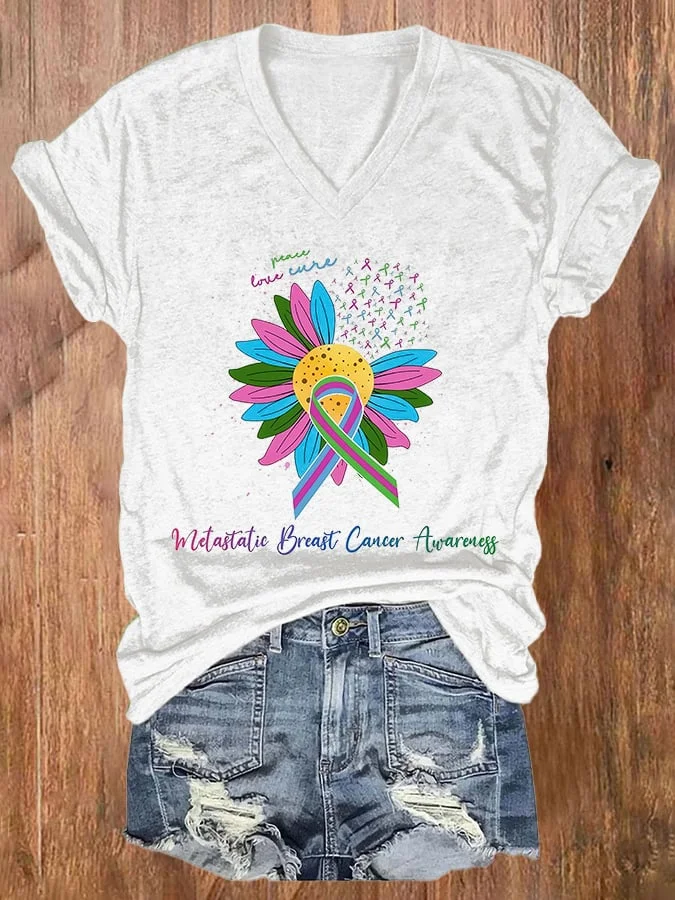 V-neck Metastatic Breast Cancer Awareness Ribbon Love Print T-Shirt