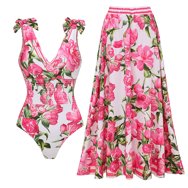 Tie Shoulder Shirring Flower Print One Piece Swimsuit and Skirt