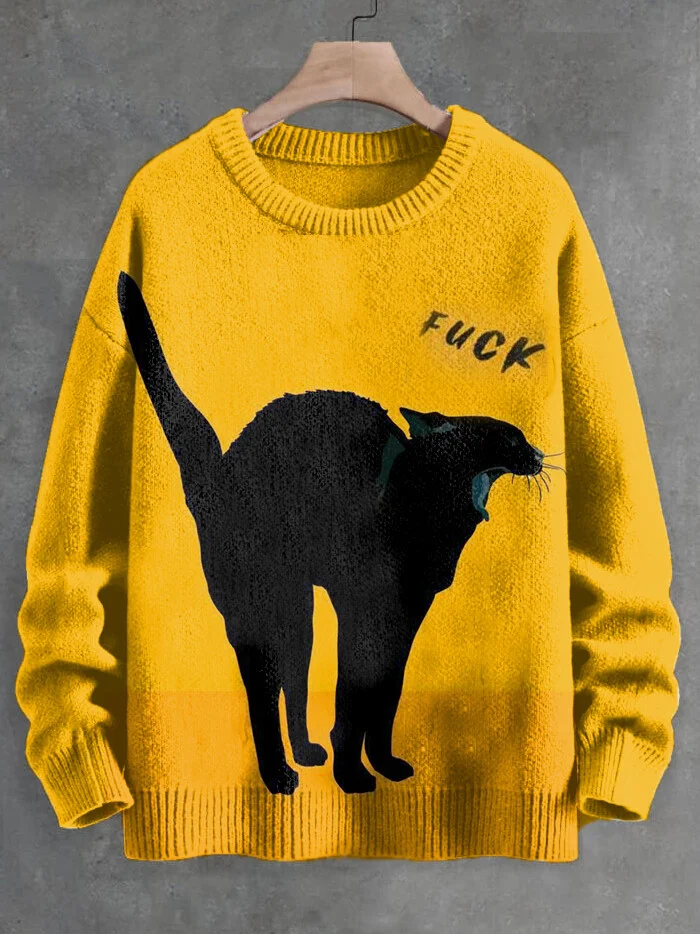 Men's Angry Black Cat Graphic Print Knit Sweatshirt