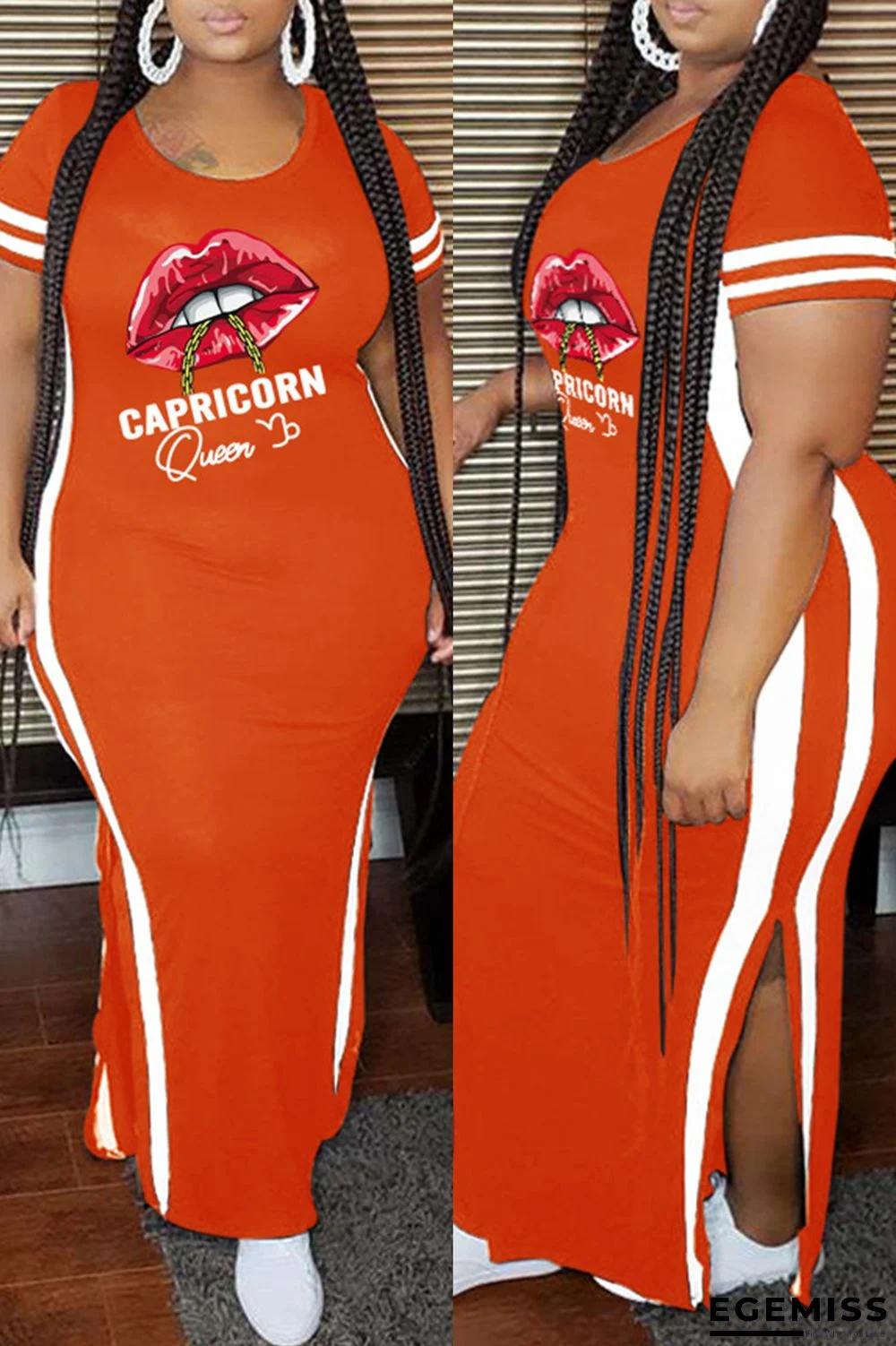 Orange Fashion Casual Plus Size Lips Printed Patchwork Slit O Neck Short Sleeve Dress | EGEMISS