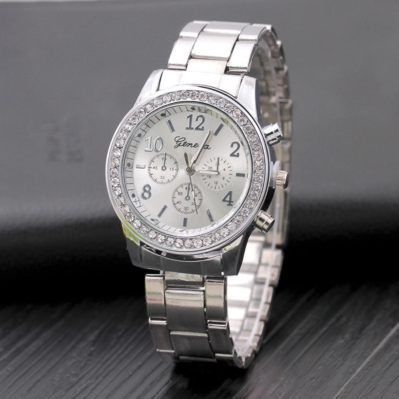 New Geneva Watch Diamond Alloy Steel Belt Watch Women’s Quartz Watch Geneva Watc