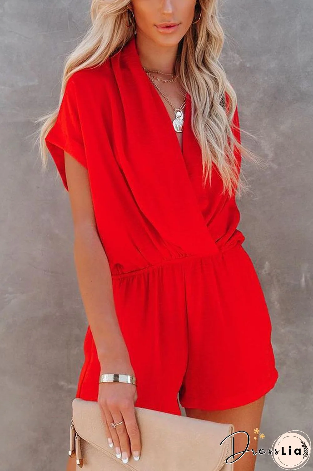 Solid color V-neck Romper P15107