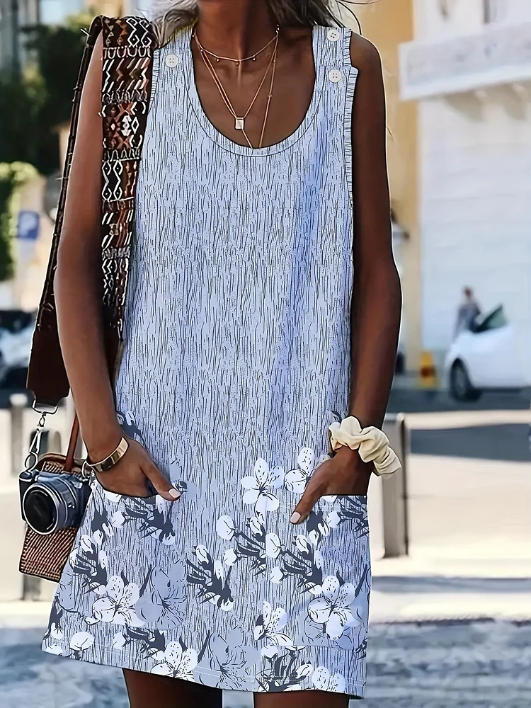 Relaxed Fit Floral Print Sleeveless Dress | Women's Casual Patchwork Tank Dress With Pockets, Round Neck, Machine Washable, All-Season Versatile Wear, Summer Fashion, Stylish Design, Comfortable Fabric