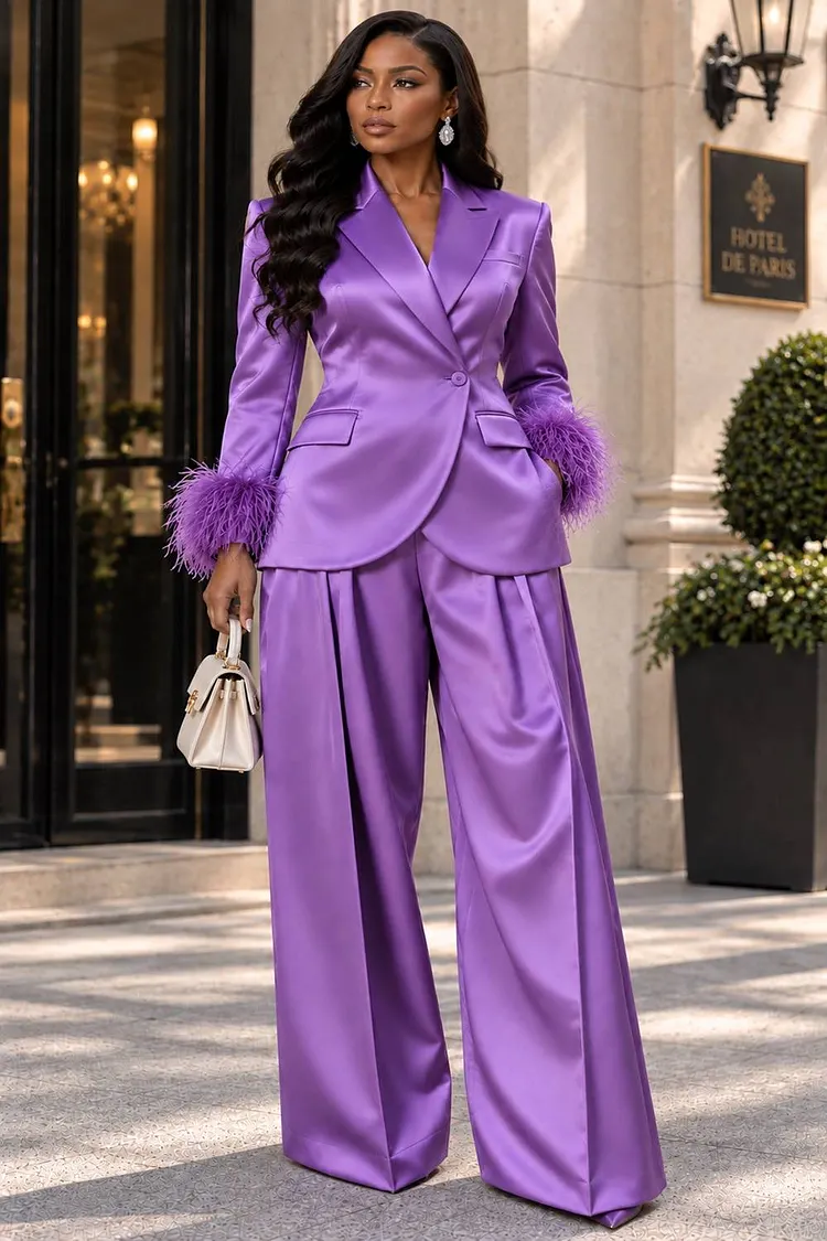 Xpluswear Design Plus Size Formal Purple Turndown Collar Long Sleeve Feather Pocket Satin Two Piece Pant Suits [Pre-Order] 2024 - Xpluswear