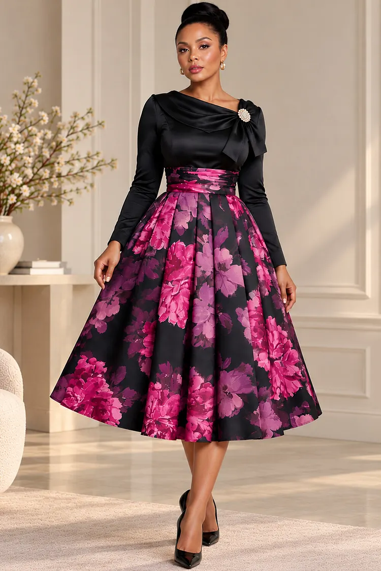 Xpluswear Design Plus Size Cocktail Party Pink Floral Asymmetrical Collar Long Sleeve Pocket Midi Dresses [Pre-Order] 2024 - Xpluswear