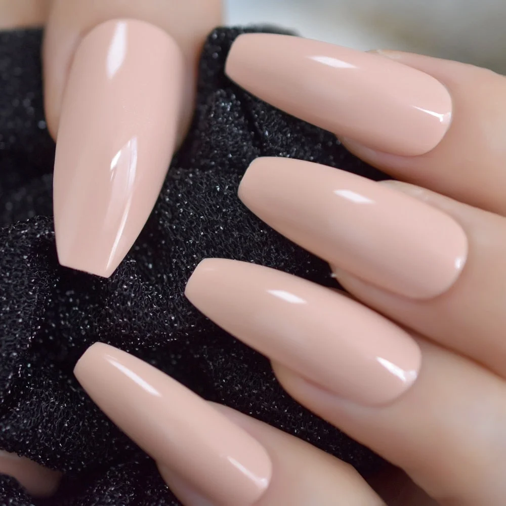 Nude Extra Long Fake Nails Coffin Full Cover Glossy False Nail Long Ballerina Nails with Glue Sticker-Nail Inspo