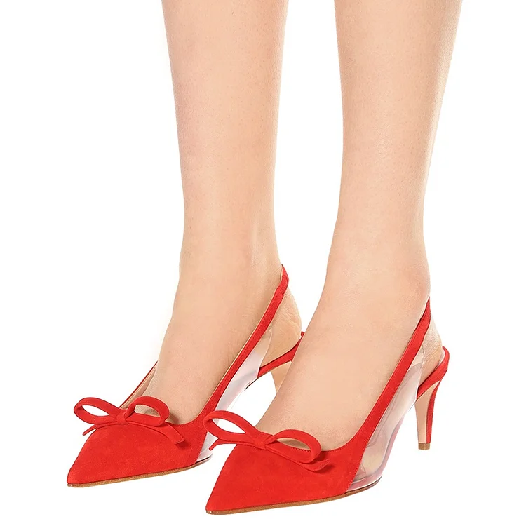 Women's Clear Slingback Pumps Red Pointed Toe Bow Heels |FSJ Shoes