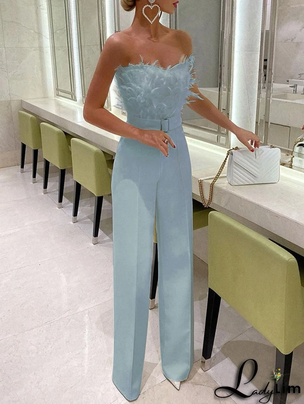 Spring Summer Feather Strapless Sexy Fashion Jumpsuit