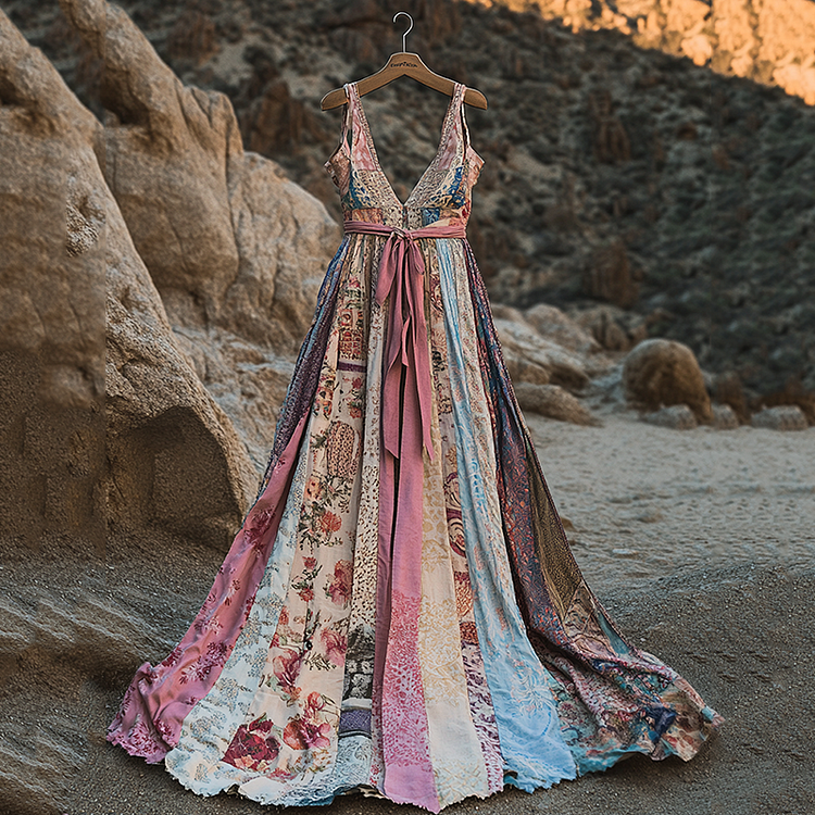Vintage Flowers Patchwork Art Linen Tank Midi Dress