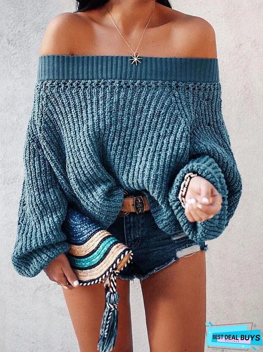 Off-The-Shoulder Knitting Puff Sleeves Sweater Tops