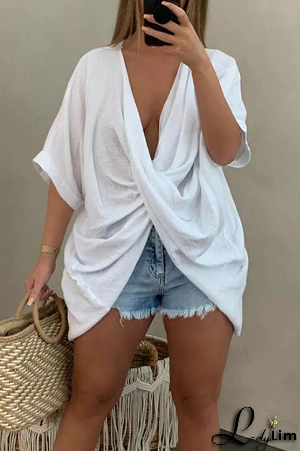 Pink Casual Solid Patchwork Asymmetrical V Neck T-Shirts