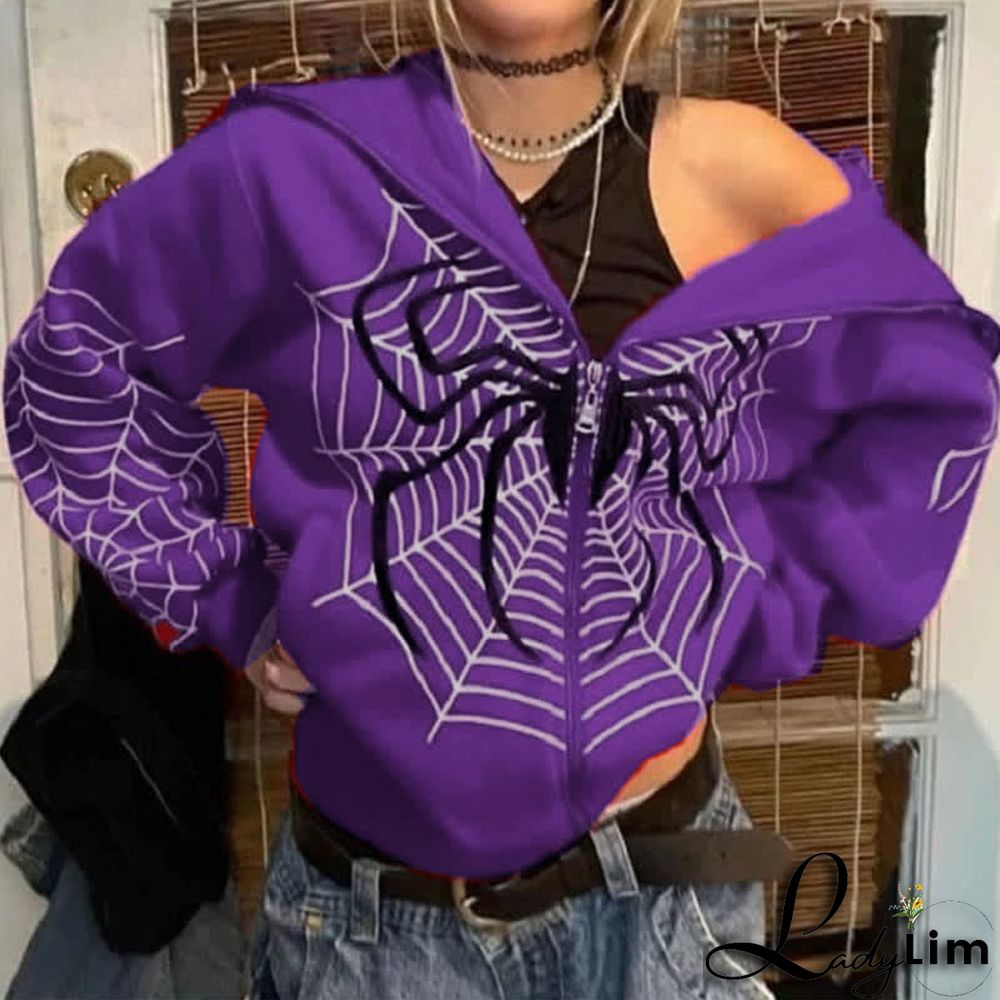 Dark Spider Web Print Full Zip Hooded Sweatshirt