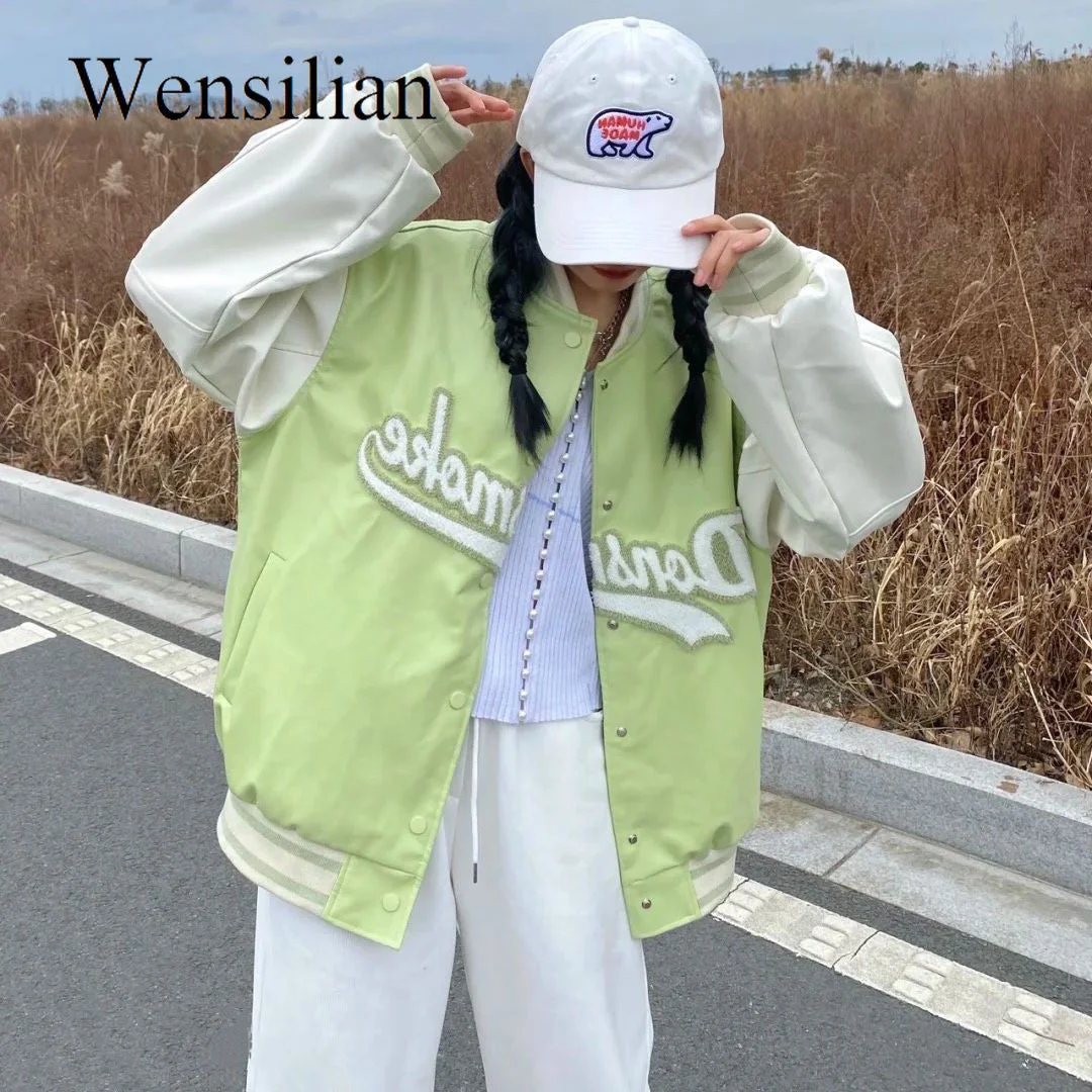 Oversized Varsity Jacket Women Harajuku Baseball Uniform Vintage Korean Windbreaker Loose Streetwear Student Pu Leather Coats