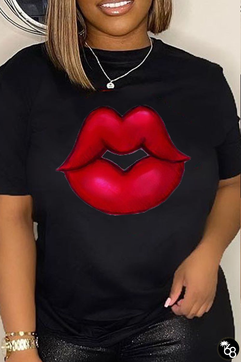 Casual Street Lips Printed Patchwork O Neck T-Shirts | 168DEAL