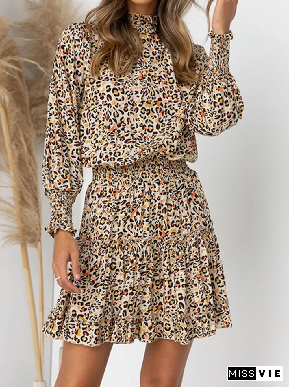 Leopard Print Long Sleeve Elastic Dress