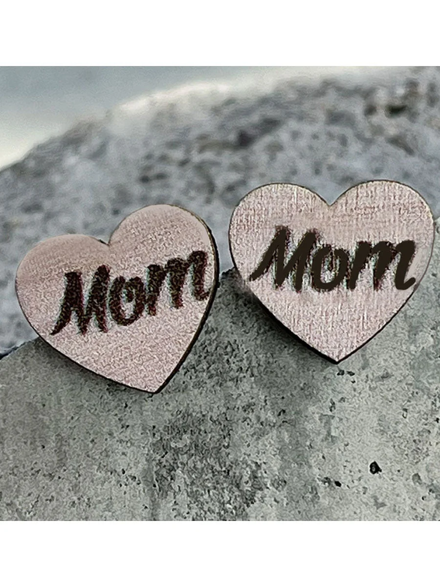 Mom Heart Wooden Stud Earrings