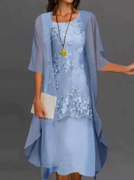Elegant Floral Short Sleeve Woven Dress Two-piece Midi Dress